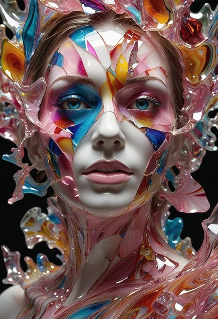  made out of,colorful,liquid,Murano Art glass,

A forgotten relic of a dream. Focus on a shattered  pink mask , fragments held together by threads of light. Studio lighting catches the fractured surfaces, revealing a kaleidoscope of colors and emotions trapped within. A poignant exploration of memory and identity,elegant woman