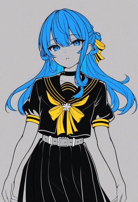 masterpiece, best quality, 1girl, solo, Su1se1Schl, blue eyes, blue hair, long hair, half updo, black serafuku, black shirt, black choker, yellow bowtie, grey belt, black skirt, short sleeves, lineart, traditional media, looking at viewer, parted lips, sketch, monochrome, spot color, limited palette,  <lora:ChamHoshimachiSuiseiNoob:1>