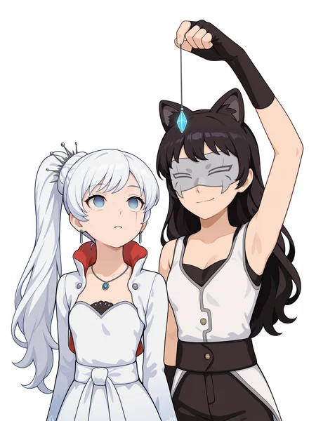 masterpiece, best quality, amazing quality, very aesthetic, absurdres, newest, 2girls, standing,
weiss schnee \(rwby\), blake belladonna, \(rwby\),
upper body, smile, small breasts, holding, mind control, blue gem, 
<lora:Crystal-on-String-ILL_Kirill782_v2:1>, crystal on string, arm up, 
BREAK
weiss_schnee, long hair, ponytail, white hair, blue eyes, scar across eye, earrings, jewelry, necklace, weissdef, long sleeves, cropped jacket, high collar, white dress,
hands behind back, standing in front, (standing from behind:1.3), 
looking up, mind control, crystal on string, looking at gem, 
 <lora:Weiss-Schnee-Rwby-ILL_Lisette_v1:1>
BREAK
blake belladonna, \(rwby\), black hair, cleavage, medium breasts, cat ears, long hair, 
WF_RWBY, mask, white jacket, white sleeveless jacket, black pants, black fingerless gloves, 
arm up, (blake belladonna-arm-above-head),
<lora:White-Fang-Uniform-RWBY-ILL_JGCC1990_v1:1>