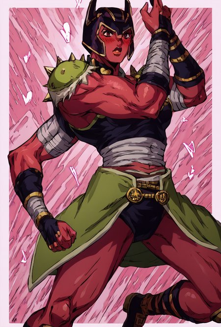 score_9, score_8_up, score_7_up,,  good quality ,, character focus, solo, , best quality ,    <lora:looma-09:1>  looma, solo, red skin, armor, 1girl, bandages, shoulder armor, helmet, horns,   white borders, simple background, pink background, blushing, abstract background, hearts, steam,  <lora:Expressive_H:1> Expressiveh   <lora:Jojo:1> <lora:killer-queens-pose-ponyxl-lora-nochekaiser:1> killer queens pose, killer queens's pose (jojo), jojo pose, arm up, hand up, \n/, double \n/, arm down, hand down
