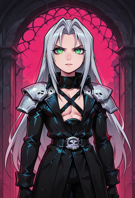 score_9,score_8_up,score_7_up,score_6_up, masterpiece, best quality, very aesthetic, 2d, ((thick lines)), vibrant saturated colors,
volumetric lighting, cinematic lighting, moody lighting, dramatic shadows,
detailed background, 
BREAK sephiroth, official outfit grey hair, long hair, very long hair, parted bangs, armor, open clothes, shoulder armor, long sleeves, pectorals, black jacket, jacket, black gloves, high collar, long bangs, black coat, green eyes, slit pupils, gothic noir background