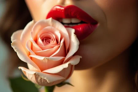 This photograph captures a close-up of a person's mouth, focusing on their lips and the rose they are holding. The lips are painted in a vibrant, glossy red, creating a striking contrast with the pale pink rose. The rose is held delicately between the lips, with its petals slightly open, revealing the intricate layers and textures of the flower. The petals are soft and delicate, with a slightly velvety texture. The background is out of focus, ensuring that the viewer's attention remains on the subject's lips and the rose. The lighting in the image is warm and soft, enhancing the natural colors and textures. The overall composition of the image is highly stylized, with a focus on the sensual and intimate nature of the subject. The photograph has a high level of detail, highlighting the smoothness of the lips and the softness of the rose petals. The image conveys a sense of elegance and sensuality, with the red lips and pink rose working together to create a visually striking and romantic effect.