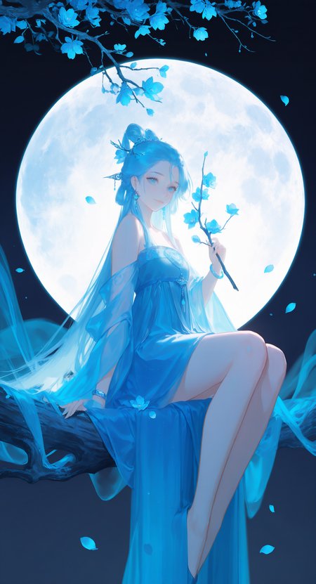 masterpiece, best quality, good quality, very awa, very aesthetic, absurdres, newest, 1girl, delicate hanfu, solo, highly detailed,long hair, looking at viewer, smile, blue eyes, hair ornament, holding, closed mouth, jewelry, bare shoulders, sitting, blue hair, flower, earrings, sky, bracelet, petals, bare legs, blue dress, night, moon, night sky, full moon, blue theme, branch, falling petals, huge moon, holding branch <lora:ponyv6_noobV1_2_adamW-000017:0.8> <lora:USNR_STYLE_XL_lokr:0.45> <lora:EtherSDXL:0.15> <lora:zzziGnXL_il_lokr_V531:0.6>