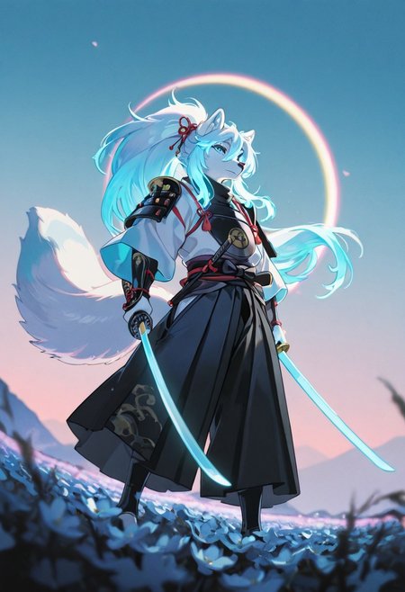 masterpiece, best quality, good quality, very aesthetic, absurdres, newest, 8K, depth of field, focused subject, 
dynamic angle, medium close up, wabi sabi, 1boy, furry anthro male arctic fox, white fur, samurai, ethereal presence, long flowing pastel blue hair, wielding a glowing katana, standing, cherry blossom field at dusk, soft lighting, vibrant neon highlights, Yoneyama Mai style, highly detailed anime illustration, dreamlike atmosphere, cinematic composition
ckym, in the style of ckym,