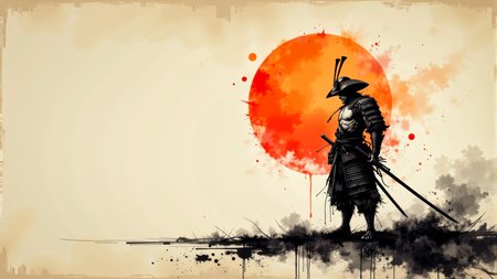 A minimal traditional japanese ink painting of the last weary Japanese samurai standing alone after an intense battle.   He wears no armor nor any helmet. He holds his sword in hand.  He is battered, bruised, and bleeds from several minor wounds.  He is weary, disgusted, disheartened, and saddened at the lives that were lost.  An orange rising sun hangs in sky behind him.  This is a full frame body shot, from head to feet, providing a environmental wide angle view of the entire body.  Intricate details, masterpiece, best quality.  Soft volumetric lighting.  <flux_realism_lora:0.42> <FluxDFaeTasticDetails:0.36> <BaroqueColorful:0.48>