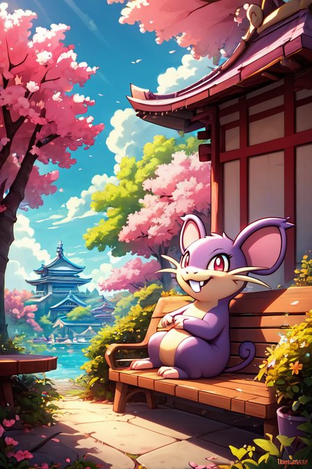 score_9, score_8_up, score_8,   ,,, , ,,,  zzRattata, pokemon (creature), no humans, fangs,  ,<lora:Rattata_Pokemon_PDXL:0.8>,                                                           ,,,, BREAK, sitting on bench, side view, smile, looking at viewer, cowboy shot,  ,,, BREAK, pnkBldng, sky, day, cloud, tree, blue sky, building, architecture, east asian architecture,  ,,, BREAK, embedding:zPDXL, Expressiveh,  ,,, <lora:PinkBuildingsPDXL_v2:0.6>, <lora:SDXLFaeTastic2400:0.5>, <lora:Expressive_H-000001:0.4>