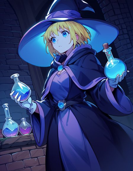 score_9, score_8_up, score_7_up, source_anime, <lora:fireforce-iris-s1s2-ponyxl-lora-nochekaiser:1>, iris, short hair, blonde hair, blue eyes, medium breasts,, <lora:wizard-ponyxl-lora-nochekaiser:1>, wizard, wizard hat, robe, dress, long sleeves, gloves,, indoors, bricks, potion, flask, vial,, cowboy shot,, , dutch angle, cowboy shot