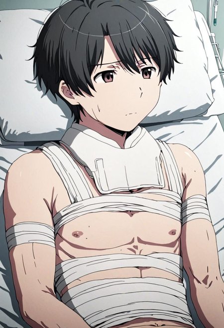 high resolution, solo, best quality, 1Boy, Inaho Kaizuka, Black Hair, bandage, patient, OverallDetail