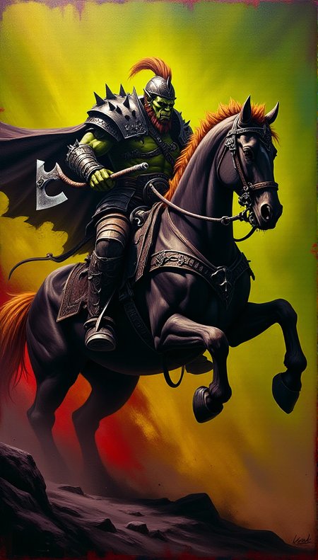 The popular science retro style. A bright, dramatic fantasy painting, probably created with oil paints on canvas. The painting depicts a muscular orc warrior in a helmet riding a mighty, rearing horse. The warrior, dressed in dark, form-fitting armor, wears a large conical helmet decorated with spikes and a flowing cloak. In one hand he holds a large double-edged axe, ready for battle. A horse in the same armor, of a dense, muscular build, the background is a swirling mixture of earthy tones and mustard-green shades, giving the impression of a chaotic landscape resembling a battlefield. The horse's hooves hover in the air, creating a dynamic moment of movement. The overall color palette is dominated by shades of green, brown and gold, while red and purple shades add depth and saturation to the scene. The brush strokes are dense and textured, emphasizing the roughness and intensity of the action. The image conveys a sense of power, danger and epic fantasy, <lora:g7a6le5k:0.6>, g7a6le5k, <lora:Dever_Flux_Enhancer:0.5>