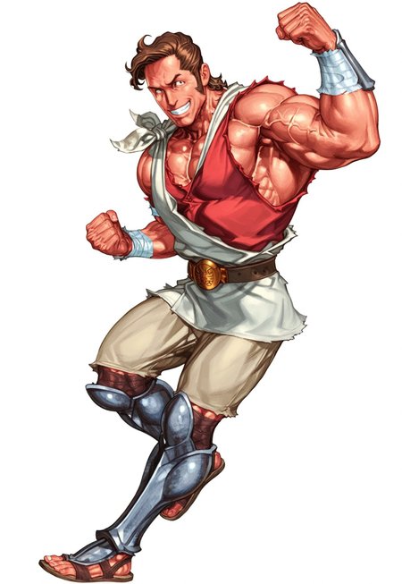 safe_pos, masterpiece,best quality,amazing quality, NishimuraXL, gohheracilxl, 1boy, brown hair, ((loose curl)), (((sideswept hair))), mature male, smile, grin, male focus, belt, muscular, sandals, red underneath vest, brown shorts, white toga, single cloth armband, leg bandages, bulging muscles, greaves, belt buckle, sideburns, ((action pose)), smile, plain white background, white background,