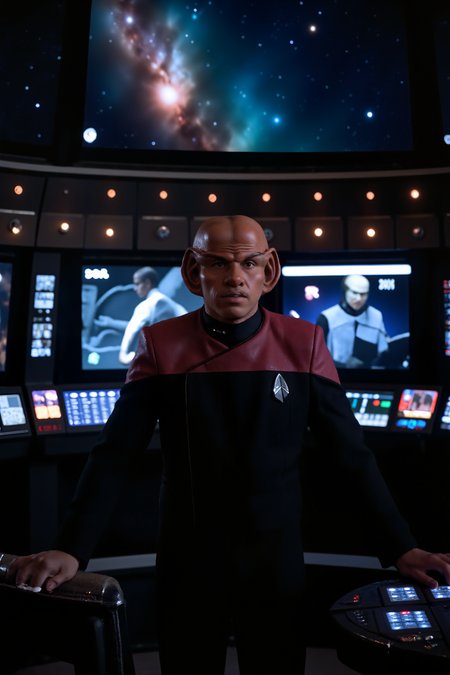 A high-resolution photo of a futuristic starship bridge, bathed in soft, ambient light from the shipâs control panels and displays. At the center of the scene, the captain, ferengi man dressed in a striking black PCD uniform with red shoulders, stands confidently at the command station. The uniformâs sleek design and distinctive red hue contrast sharply with the cool, metallic tones of the bridgeâs advanced technology. Behind the captain, large windows reveal a breathtaking view of distant galaxies and vibrant nebulae. The bridge is filled with an array of holographic interfaces and glowing control consoles, creating a high-tech, immersive environment. The captainâs posture and focused expression exude leadership and resolve, perfectly capturing the essence of futuristic command.<lora:midjourney_whisper_flux_lora_v01:0.55><lora:aidmaMJ6.1-FLUX-V0.1:0.4><lora:FluxMythP0rtr4itStyle:0.4><lora:detailed_flux_ntc:2.2><lora:aidmaImageUpgrader-FLUX-V0.1:0.65><lora:PCD_FLUX:1.1><lora:ferengiV1_FLUX>