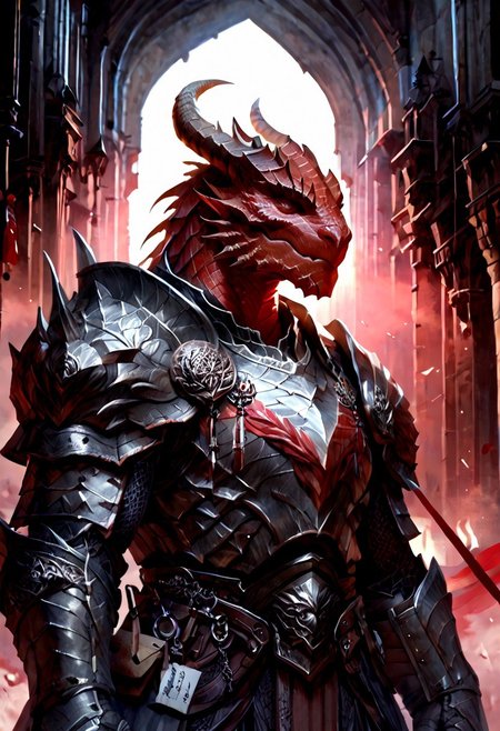 score_9, score_8_up, 8, score_7_up, score_6_up, solo,  massive dragonborn with strong armor, red scale dragonborn, in the cathedral , dutch angle, scale mail armor, 40 year old, FFAOR,