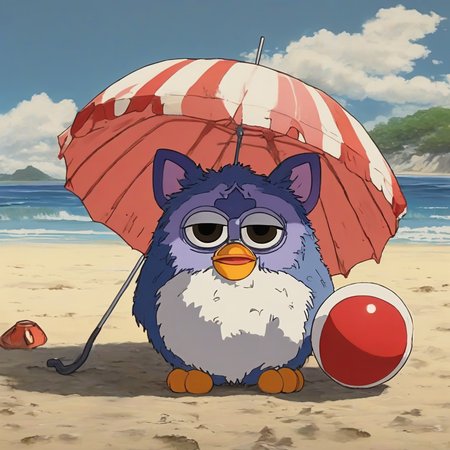 a furby toy in Hayao Miyazaki style as a fury is at.the beach, umbrella, beach ball ,towel anime style, very fat, cute,   good contrast, concept art,  high detail, ((((anime by Hayao Miyazaki))))<lora:A Furby Toy-000009:.5>