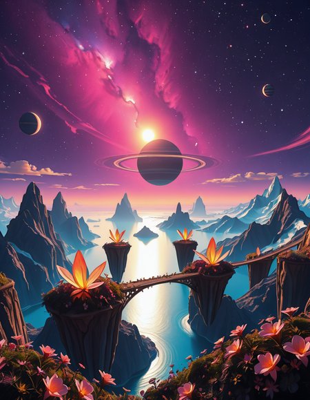 A breathtaking, high-resolution photograph of a celestial paradiseâa stunning, habitable planet floating in the vastness of space. The sky is a mesmerizing blend of deep purples, blues, and pinks, illuminated by twin suns casting golden light over the landscape. Towering crystal mountains shimmer in the distance, reflecting the vibrant hues of the nebula-filled sky. A vast, glowing ocean stretches across the horizon, its surface gently rippling with bioluminescent waves. Floating islands covered in lush, alien vegetation hover above the water, connected by natural bridges of luminescent vines. Exotic, radiant flowers bloom in every color imaginable, while gentle, ethereal creatures with translucent wings glide through the air. In the sky, a massive ringed gas giant looms majestically, its swirling clouds casting soft shadows over the dreamlike terrain. The air shimmers with floating particles of light, creating a surreal, otherworldly ambiance. The entire scene feels like a cosmic utopiaâtranquil, awe-inspiring, and untouched by time.
<lora:SDXLFaeTastic2400:0.4> <lora:extremely_detailed:0.4> extremely detailed,Celestial p4r4d1s3, <lora:Celestial_p4r4d1s3-i:1>, Masterpiece,best quality,hi res,8k,hi res,8k,award winning,(sharp focus, intricate, highly detailed),