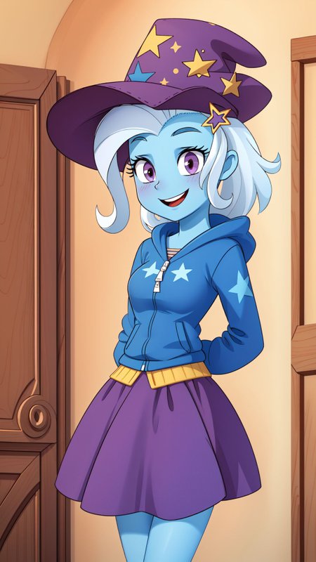 (masterpiece, best quality:1.2),<lora:mlp_trixie-10:1>,cowboy shot,solo,1girl,mlptrixie,colored skin,blue skin,smile,looking at viewer,arms behind back,star hair ornament,witch hat,blue hoodie,purple skirt,