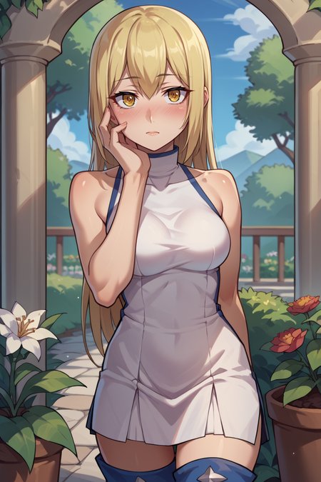 score_9, score_8_up, score_7_up, score_6_up, source_anime, BREAK 1girl, solo  <lora:aiswallenstein-pdxl-nvwls-v1:1> ais wallenstein, white turtleneck, white dress, sleeveless, short dress, thigh boots, medium breasts, hand to own face, blush, looking at you, garden