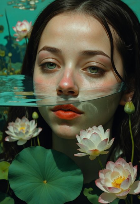 Steve McDonald Art. This is a digital painting in a surrealistic style, featuring a close-up of a young woman's face. The woman has fair skin with a rosy complexion and full, pink lips. Her eyes are closed, and her expression is serene. Her long, dark hair flows around her shoulders, blending into the background. The woman's face is partially submerged in water, which is reflected in her eyes, creating a mesmerizing effect. The water's surface is rippled and distorted, with hues of green and blue, and it has a reflective quality that mirrors the surrounding environment.
The background is a lush, green, and serene underwater landscape, with large, white lotus flowers and other aquatic plants. The colors are muted and soft, with a mix of greens, blues, and oranges. The texture of the painting is smooth, with subtle brush strokes and gradients that enhance the depth and realism of the water and the woman's skin. The overall mood of the painting is tranquil and ethereal, capturing a moment of calm and introspection. <lora:Steve_McDonald:1.25>, Ann@b3ll