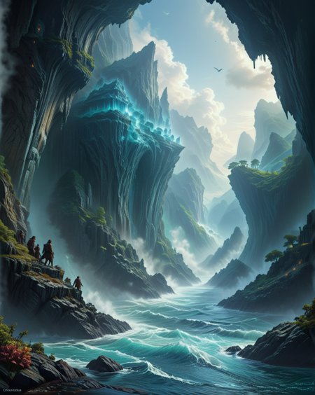dark fantasy Sea archipelago crystal tide caves,Misty valley: Stratus sea breaking against mountain islands,
random group of travelers in landcscape,
 <lora:ral-dark-fantasy-il:0.7>,mythology,
<lora:extremely_detailed:0.7> extremely detailed,
<lora:DetailMaximizer:0.3>,
 <lora:Dream Scenery XL:0.3> Dream Scenery,
<lora:add-detail-xl:0.7>,
detailxl