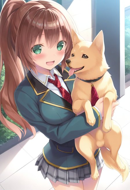 (masterpiece,best quality,ultra_detailed,highres,absurdres:1.2,amazing quality,very aesthetic),<lora:Nanoka_ilxl_v1:0.8>,1girl,solo,nanoka\(Study Steady\),brown hair,ponytail,long hair,green eyes,school uniform,pleated skirt,holding dog,open mouth,smile,blush,looking at viewer,standing,white shirt,jacket,red necktie,