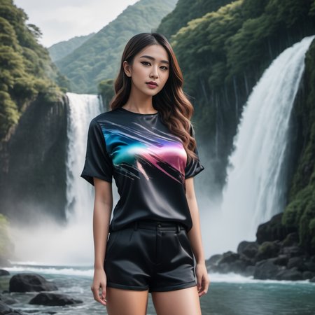 (full body shot) cute two japanese 25 year old women wearing a Digital glitch effects  satin_teeshirt, Waterfall braid  hair style, hyperdetailed photography,4k textures,intricate details,4k resolution  cabin scene, ((dark cinematic still))   <lora:satin_teeshirt_v1:0.7>