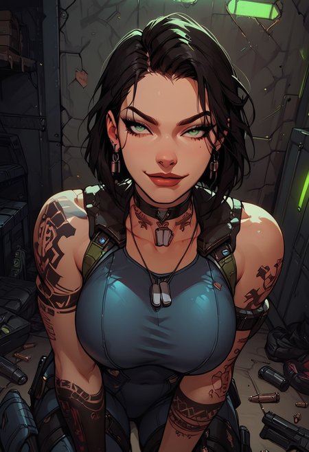 Score_9, Score8_up, Score_7_up, (((High Resolution, Best Quality))), 
1girl, solo, toned arms, sleeveless, Covered in Tattoos, neck tattoos, hair tied up, black hair, green stripe in hair,
futuristic, futuristic armor, neon green lights on bodysuit, armored suit, body armor, armor, plated armor, revealing bodysuit, tight bodysuit, tactical, military gear, toxic canisters, toxic chemicals, poision vials, 
large breasts, choker, dog tags, ear piece, 
seducing, seductive, flirty, tender, loving, playful, looking at viewer, smug, 
Sitting on ground, leaning against wall, relaxed, leaning back, arm resting on knees, arm on knee,
inside, Military, military base, military barracks, cots, crates, military boxes, guns, bullets, supplies, armory,