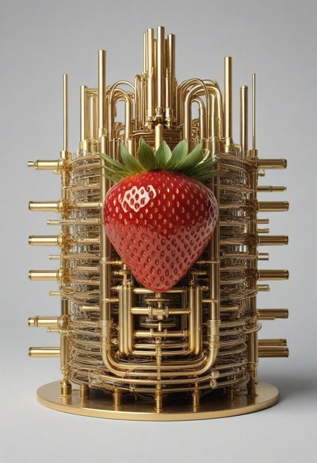 masterpiece, best quality, high resolution, 
strawberry in (qu4ntum style), covered in (brass pipes) and (silver wires) and gold circuits,
simple background, 
cinematic,