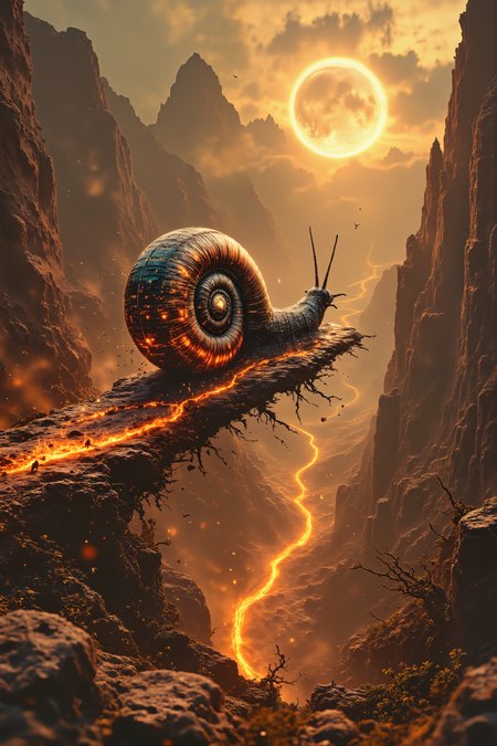 A massive, snail-like vehicle crawls along a road made of thick, interwoven vines that stretch across a vast canyon filled with glowing, molten rivers. The vehicleâs shell is a fortress of metal and stone, adorned with glowing glyphs and spiked turrets that jut out at odd angles. Its underside oozes a thick, amber-colored lubricant that drips onto the vines, creating small plumes of smoke where it touches the molten rivers below. The canyon walls are jagged and carved with ancient faces, their eyes glowing faintly as if alive. The sky above is a swirling vortex of gold and orange, casting a warm, otherworldly glow over the entire scene. Strange, winged creatures with translucent wings circle the vehicle, their cries echoing through the canyon. The driver, a squat figure with skin like polished onyx, leans out of a hatch in the shell, shouting commands to the snailâs unseen inner mechanisms. The vines creak and sway under the vehicleâs immense weight, but the snail moves steadily forward, its glowing undercarriage lighting the way. The molten rivers below shift and bubble, reflecting the chaotic sky above. , detailed background  Fantastic lighting. Detailed shadows.intricate details, vivid colors, hyper-detailed, ultra-sharp, High resolution, high detail. Highly detailed. , <lora:OBInstant camera portrait photography V2.0:1.0>, <lora:Dark side of light:0.55>, <lora:aidmaFLUXPro1.1-FLUX-v0.3:1.0>, <lora:Glitchcore_Flux:0.8>,