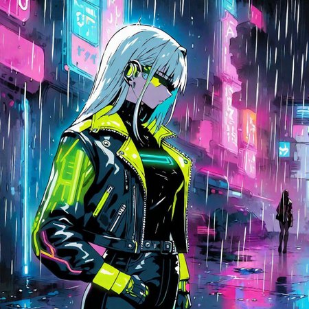 (best quality:0.8) perfect anime illustration, a women, leather jacket, (rain:1.3), (cyberpunk:1.2), (neon:1.1)