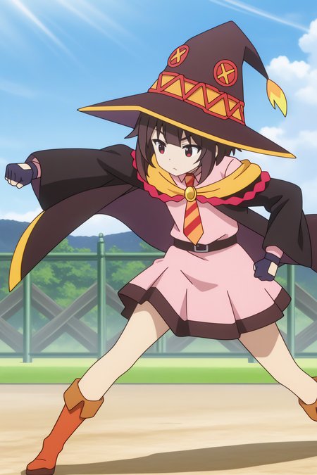 dynamic pose,  Megumin, black belt, black cape, black cloak, black gloves, black headwear, cloak, pink dress, school uniform, striped necktie, witch hat, brown footwear  <lora:Konosuba_Bakuen_-_Megumin_-_illustrious:0.8>