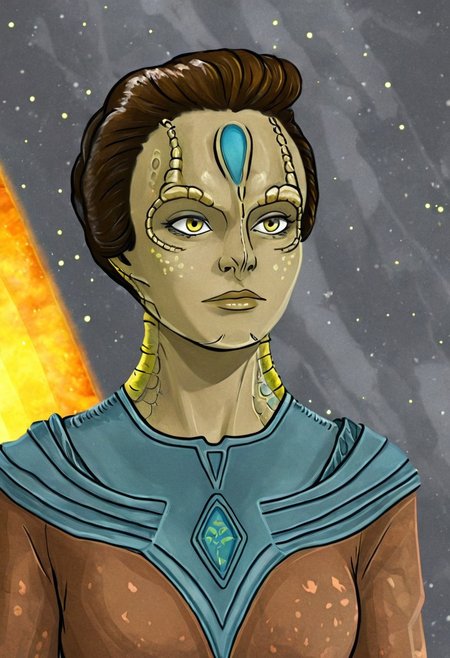 (a female c4rd45514n alien, forehead crest, grey skin, ridges, scales), space explorer, bright yellow god rays, sun circle