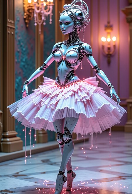 WackhaosDaal  A robotic ballerina with chrome-plated joints and pastel-pink servo motors twirling in a crystal theater lit by bioluminescent chandeliers, her tutu woven from shimmering nanothread and trailing stardust, her face a delicate blend of porcelain and LED expressions. Think of Degas ballerinas reimagined by a futuristic Rococo dreamworld.