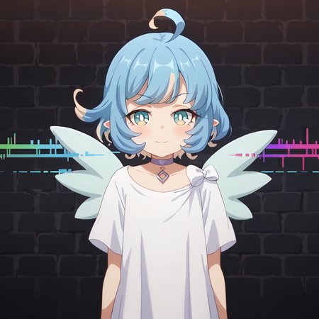 score_9, score_8_up, score_7_up, source_anime, anime screencap, masterpiece, insanely detailed, detailed background, zPDXL3, break, amy_(princess_connect), 1girl, wings, solo, ahoge, short hair, blue hair, multicolored hair, pointy ears,white dress,choker,(glitch), dungeon,chromatic aberration,dimesion break