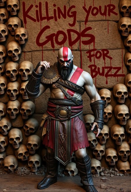 Kratos from God of War posing in front of a wall of skulls, wall with a blood writting saying "Killing your Gods for Buzz"