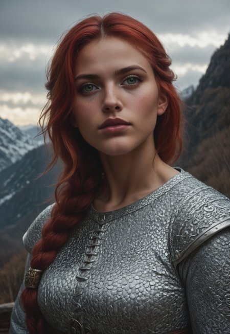 safe_pos, score_9, score_8_up, score_7_up, 1girl, solo, 
Viking warrior, intricate chainmail armor with leather accents and Norse runes, ancient battle axe with a polished wooden handle and a gleaming steel blade, long braided red hair adorned with bronze beads, realistic, cinematic angle, cinematic lighting, muscular body, fierce face, piercing green eyes, battle-ready pose 
BREAK 
standing on a rugged coastal cliff 
BREAK 
source_Viking_art, rating_explicit, expressive, dynamic pose 
BREAK 
detailed beautiful background, dramatic coastal landscape with towering cliffs and crashing waves, ancient Viking longships on the horizon, rugged terrain with rocky outcrops and wild grasses, distant mountains with snow-capped peaks, epic atmosphere with a sense of adventure and danger <lora:Expressive_H:0.6> Expressiveh, (SimplepositiveXLv1:1.3), 
(((upper body, full clothed:1.85))) ((masterpiece)) (ultra realistic, 32k, masterpiece:1.2), (high detailed skin:1.1), (high quality:1.1) (((full clothed))), (8k uhd:1,4) <lora:DandonFuga_Style_v.2_-_Pony:0.8> 
<lora:add-detail-xl:1> 
<lora:Dynamic Poses:1>