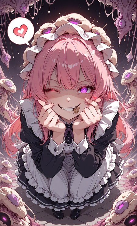 masterpiece, sharp detail, intricate detail, hair shader, 1girl,  <lora:MyceliumT-000014:1>,  myceliumt, myceliumt dress, full body,  glowing eyes, detailed eyes, gradient eyes, eyelashes, detailed face, detailed eyes, looking at viewer, smile, cookie in mouth, smirk, spoken heart, wink, finger heart,  <lora:CivChan:1> CivChan, purple eyes, pink hair, maid,