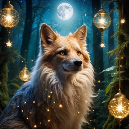 Fantasy Portrait photo of an Animal preforming magic tricks, their eyes ablaze with mystical sparks, surrounded by a menagerie of enchanted creatures, conjuring a cascade of sparkling stars with a wave of their paw, captured in a close-up shot, revealing intricate details of their ancient, ornate robes, within a moonlit forest glade where fireflies dance in the air, illuminated by soft, ethereal moonlight that enhances the magical atmosphere, shot from a low angle, emphasizing the magician's commanding presence, using a high-resolution camera to capture every intricate fur strand and glimmering particle, in the style of Aubrey L. Beardsley.