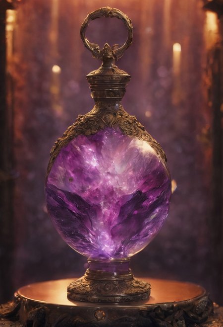Score_9, Score_8, high_def, highest quality, 4k, best quality, masterpiece, focused, defined, Photorealistic magic potion, intricate glass bottle, elixir, vibrant purple and red colors, blazing with fiery intensity, ethereal light, wax seal, radiant golden highlights, magic lights, luminous, dynamic reflections, magical aura, highly detailed, fantasy essence, glowing ember-like particles, radiant aura, with streaks of molten orange and shimmering metallic accents, evoking a sense of epic power and grandeur