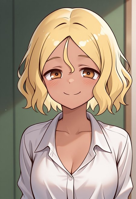 masterpiece, best quality, 32k, high resolution, absurdres, sakura (nagatoro), closed mouth, hair between eyes, collarbone, parted bangs, shirt, white shirt, cleavage, :d