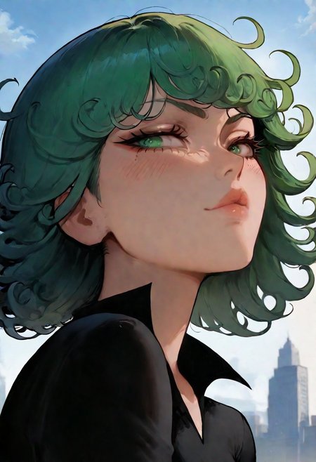 1girl, tatsumaki from one punch man, cityscape, nyantcha art, kittew:0.25, petite, slender, black dress, posing, face focus, face portrait, (((masterpiece,best quality,newest,absurdres,highres)))