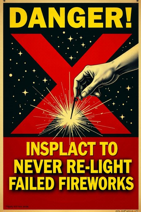 A stark, graphic vintage safety poster in shades of red, yellow, and black. It shows a hand reaching out to pick up a smoking, unexploded firework. A large, bold red "X" is superimposed over the firework. Below, in clear, blocky yellow letters: "DANGER! NEVER Re-light Failed Fireworks." Emphasize the immediate danger and the clear warning message.  <lora:REMEs_War_Poster_Style:0.95> In REME's War Poster Style,âââ