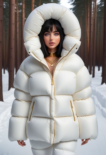 ((((puffer padded jacket)))), ((((puffer padded coat)))), ((((full body)))), ((((fur boots)))), ((((puffer pants)))), ((((puffer hood up)))), winter, snow, forest, 1girl, solo, (masterpiece), detailed face, detailed eyes, (beautiful detailed eyes:1.5), sidelighting, (super detail, hyper detail, intricate_details, detailed), (semi realistic:1.6), (Bob cut), blunt bangs,(black hair), (purple eyes, eyelashs), tanned skin, smug smile, angry face, Golden jewelery, golden rings, golden necklace, golden armlets, golden chains, padded cuffs, padded collar, Thick padded cuffs, Thick padded collar, <lora:Collar-SDXL:0.6>, <lora:Cuffs-SDXL:0.6>, <lora:Puffer_Jacket_and_Down_Jacket_-_Extra_Puffy_Jackets:0.4>, <lora:snowpants_v1:0.4>