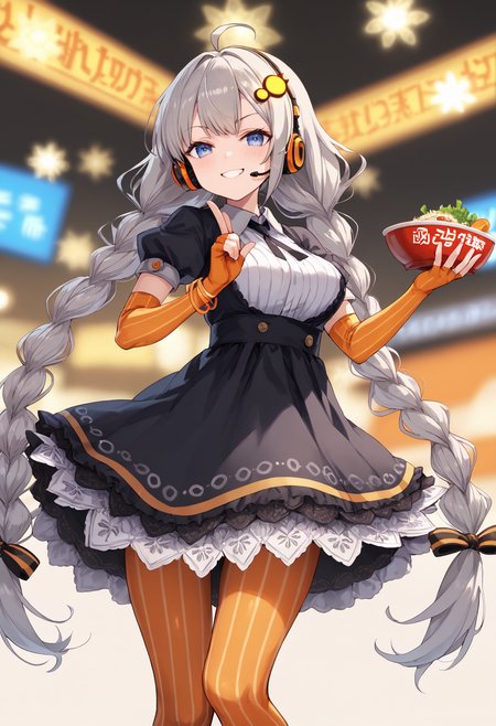 score_9, score_8_up, score_7_up, 
 <lora:KizunaAkari_MMD_Pony_V1:0.95>blue eyes, grey hair,  ahoge, twin braids, braid, very long hair, hair ornament, hair tubes, headphones, headset, 
black dress,  lace-trimmed dress, short sleeves, puffy sleeves, 
orange gloves, striped gloves, elbow gloves, fingerless gloves, bracelet, 
orange pantyhose, striped pantyhose, 
star print, star (symbol), vertical stripes, 
from behind,, looking down,, Face,,
Bustling Metropolitan Cities,,Gourmet Sushi and Ramen Cuisine,,,Depth of field, blur background,
smile,cowboy shot,huge brests,
smug, smirk, blush,peace sign, double peace sign,