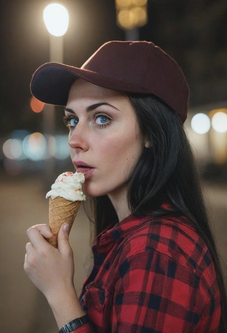 A 30yo woman eating a cone icecream.  blue eyes. perfecteyes
Wearing Jeans and Plaid red shirt with a hat/cap red. 
Long dark black slick back hair. No makeup.
Night time, Street light. 
Looking at camera POV. 
Medium Close Up shot.
Bokeh. Bokeh light.  
Blurred background.