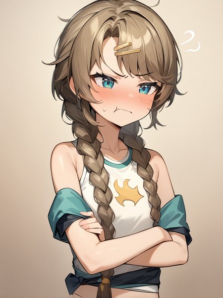 <lora:Spathodea:0.8>,spathodea,flat chest,bunches,braided ponytail,annoyed,sigh,arms_crossed,, masterpiece, best quality, very aesthetic, absurdres