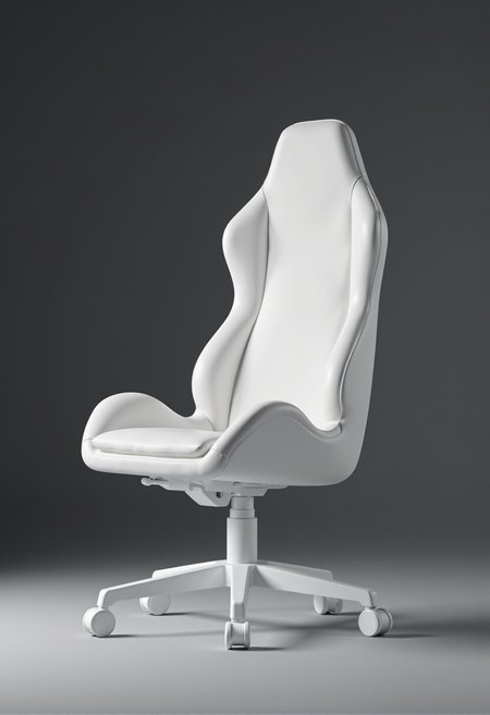 Photorealistic depiction of a gaming chair that embodies purity, simple and innocence. The chair features sleek and simple forms, with smooth lines and minimalistic design. It is entirely milk-white, with a soft matte finish that radiates elegance. The background is a plain dark gradient, subtly emphasizing the chair's clean and angelic appearance. Gentle lighting enhances the contours of the chair, creating a serene and refined atmosphere. minimalistic white Coaster on white wheels