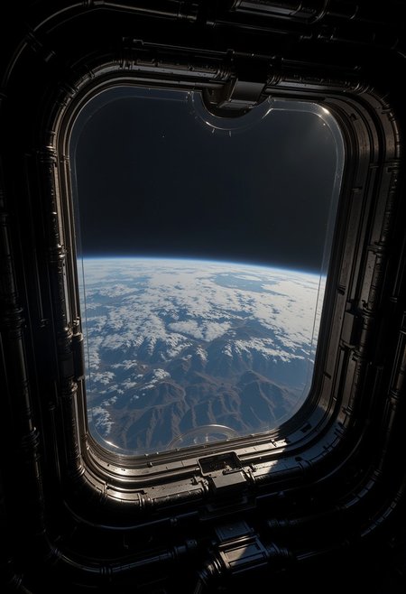 (masterpiece), best quality, earth seen from a window in a space station, absolute reality