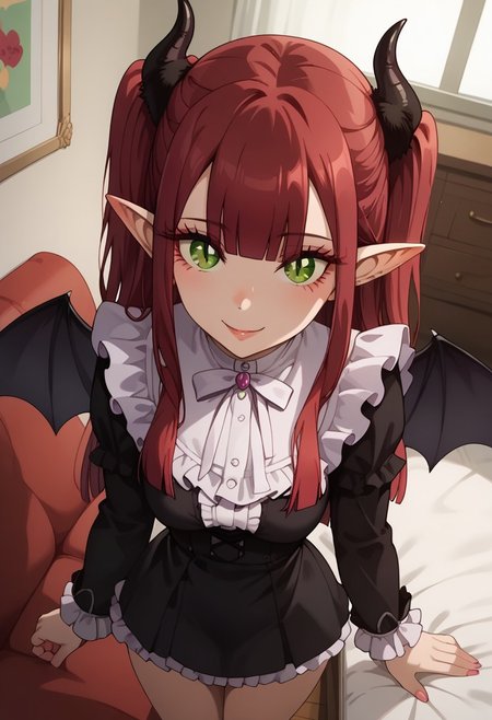 score_9,score_8_up,score_7_up,<lora:Expressive_H:1>,expressiveh,source_anime,best quality,masterpiece, high detail, high quality, high eye detail, high face detail, high body detail, depth of field, 
(1girl), ((solo)), ((adult)), 24 years old, medium breast, ((big ass)), on a bed,
<lora:Marin_Kitagawa_My_Dress-Up_Darling__-_Pony_XL:.8>, Marin Kitagawa, Liz-kyun, 1girl, (solo), ((pointy ears)), ((horns)), ((green eyes)), ((red hair)), cosplay, long hair, ((demon horns)), ((demon wings)), two side up, wings, frills, long sleeves, demon girl, blunt bangs, couch, shirt,
Look at the viewer seductive smile, 
((Dutch angle 60)), (((top view))), standing, portrait, Front view,