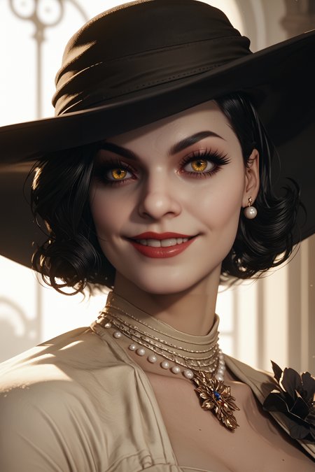 score_9, score_8_up, score_7_up,
<lora:REVLadyD:0.8>
REVLadyD, 1girl, black hair, yellow eyes, short hair, pale, hat, grin, looking at viewer, portrait