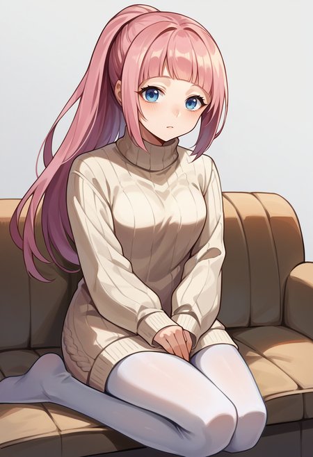 score_9, score_8_up, score_7_up, source_anime BREAK 1girl, solo, <lora:felicia-fe-richy-v1_xl:0.9> feliciadef, pink hair, ponytail, blue eyes, turtleneck sweater, sweater dress, legs together, white pantyhose