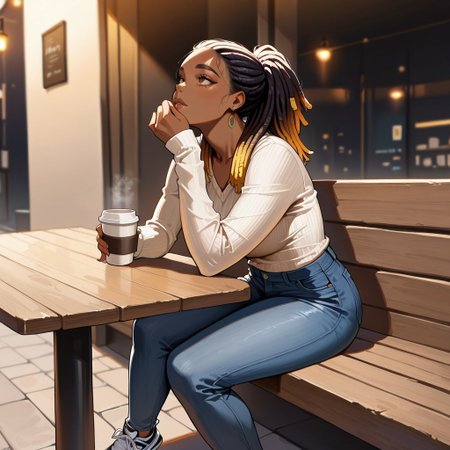 (masterpiece, best quality, high quality,newest, very awa, realistic, ultra detailed), hyperrealistic, (UHD quality details), ebony_girl, thicc, dark skin, 1girl, sitting, holding coffee cup, looking up, dreadlocks, short_locs,  jeans, hi-top sneakers, vneck sweater, cafe table, outdoors, depth of field, 8k uhd, absurd res, volumetric lighting, beautiful composition, intricate detail, professional illustration